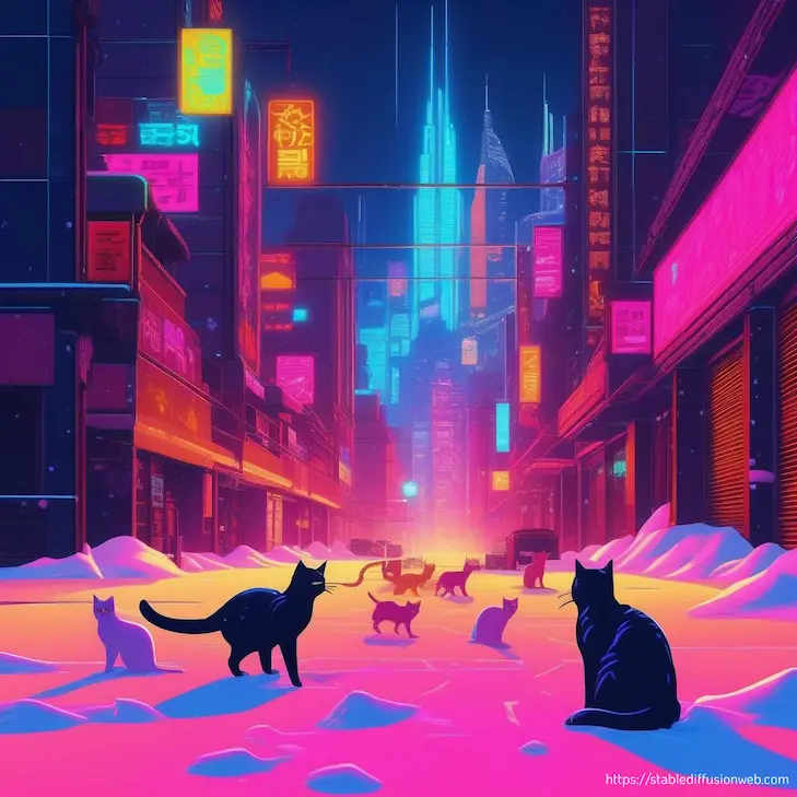Stable Diffusion Onlineで生成した猫の画像(スタイル：futuristic-cyberpunk cityscape）