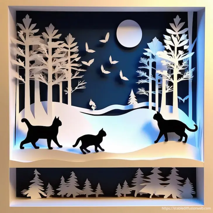 Stable Diffusion Onlineで生成した猫の画像(スタイル：papercraft-papercut shadow box）
