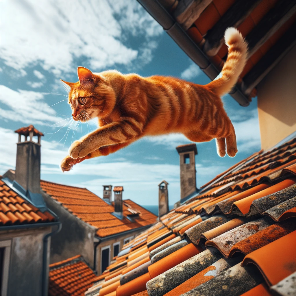 DALL-E3で生成した猫の画像（プロンプトは茶トラ猫が屋根から屋根へジャンプしている写真を生成してください）