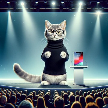 DALL-E3で生成した猫の画像（プロンプトはスティーブ・ジョブズ風の猫の写真を生成してください）