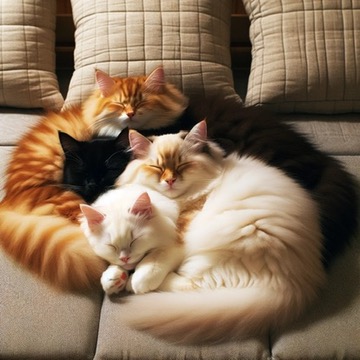 DALL-E3で生成した猫の画像（プロンプトは3匹のきょうだい猫が、布団の上で寄り添って寝ている写真を生成してください）