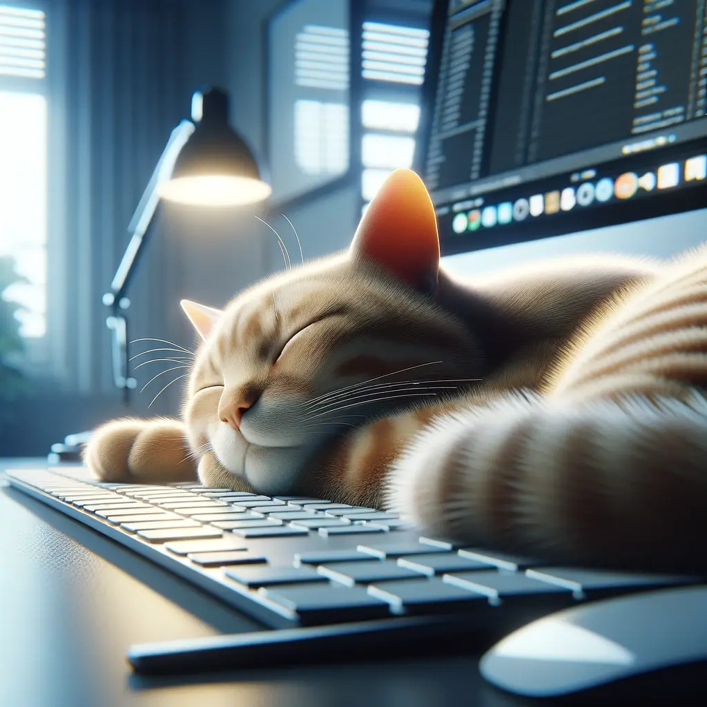 DALL-E3で生成した猫の画像（プロンプトはパソコンのキーボードの上で寝ている猫の写真を生成してください）