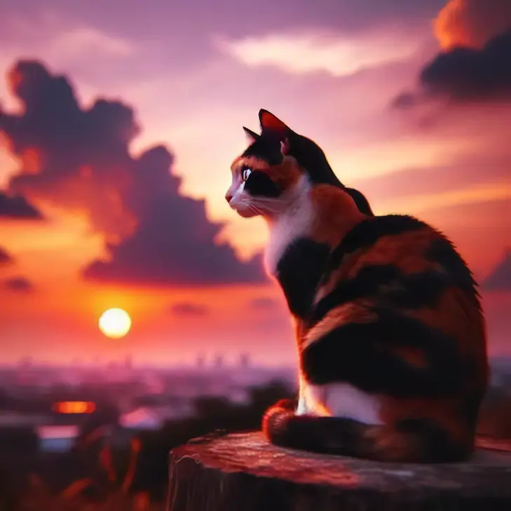 DALL-E3で生成した猫の画像（プロンプトは夕陽を眺める猫の写真を生成してください）