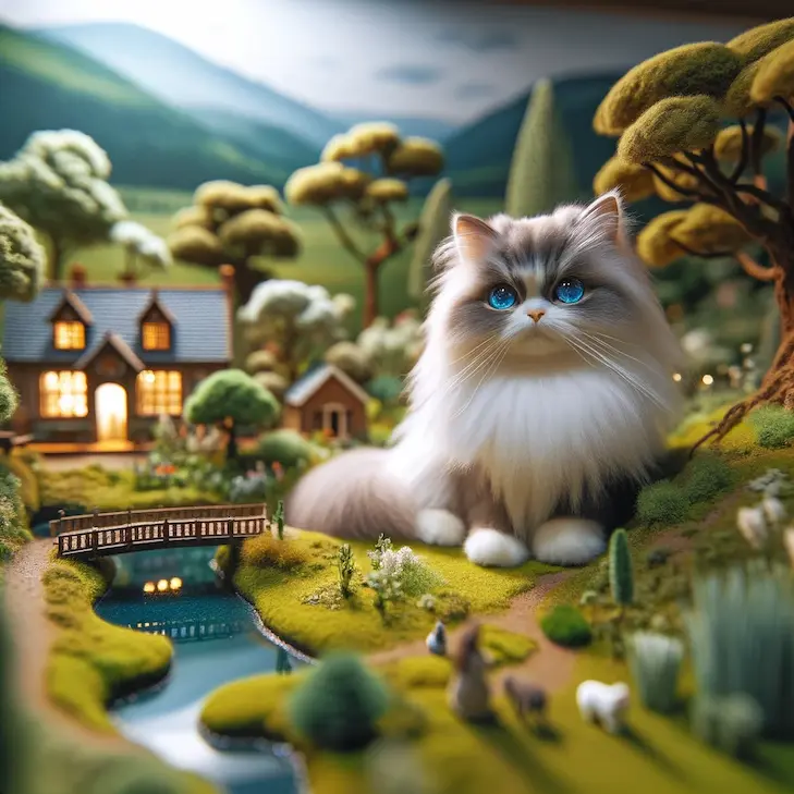 DALL-E3で生成した猫の画像（プロンプトはジオラマの中にたた図む猫の写真を生成してください）
