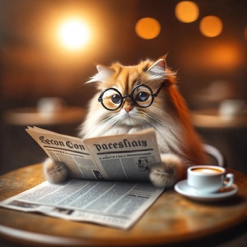 DALL-E3で生成した猫の画像（プロンプトは猫が新聞を読むふりをしているユニークな写真を生成してください）