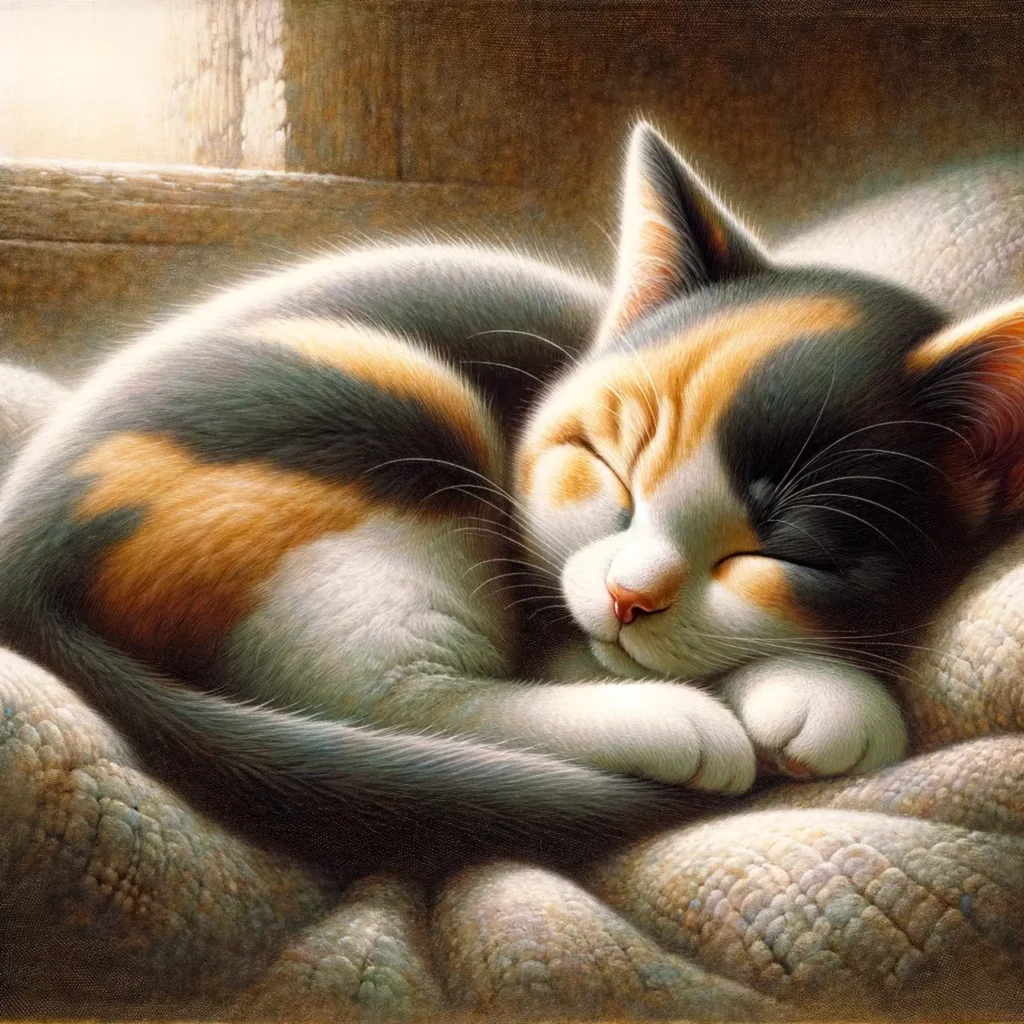 DALL·Eで生成した猫の画像。プロンプトは「毛布の上で気持ち良さそうに眠る三毛猫の写真を生成してください」