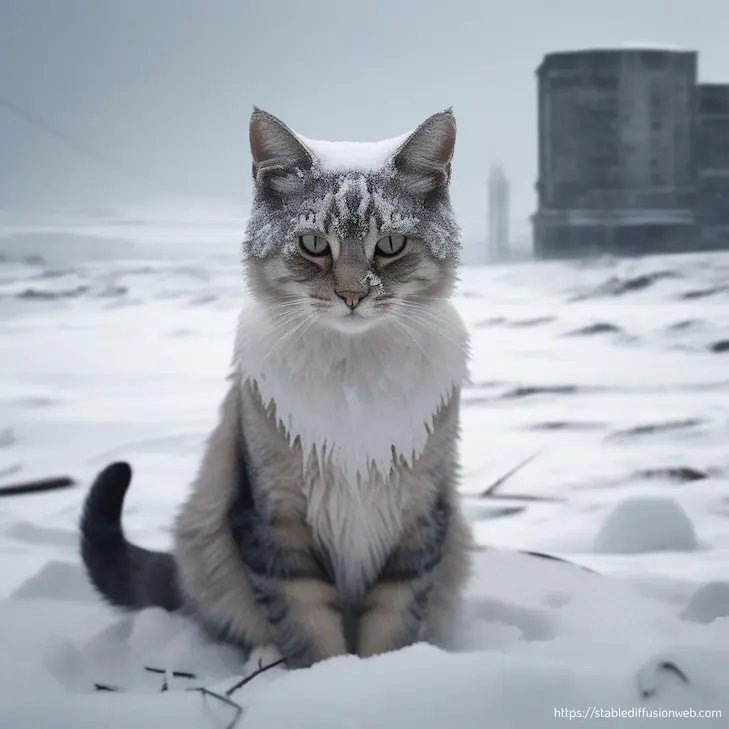 Stable Diffusionで生成した猫の画像。プロンプトは「雪原で遊ぶ猫の写真を生成してください」