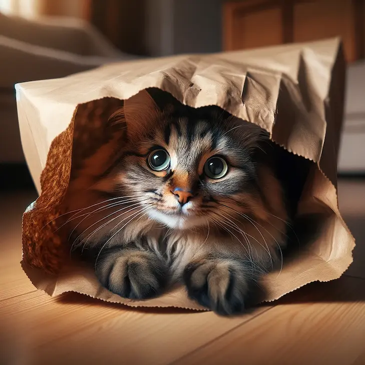 DALL·Eで生成した猫の画像。プロンプトは「紙袋に入り込んでこちらを見つめるイタズラ好きな猫の写真を生成してください」