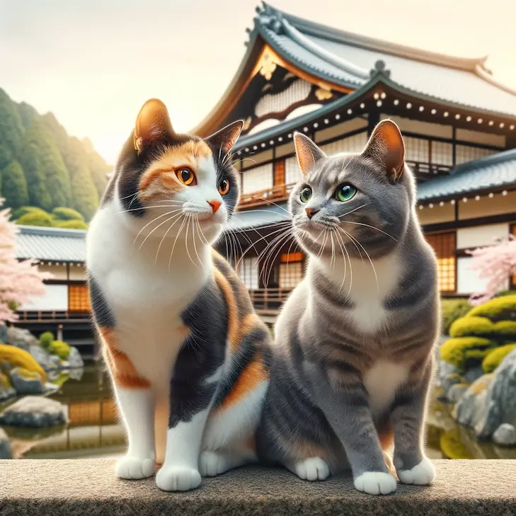 DALL·Eで生成した猫の画像。プロンプトは「2匹でじゃれ合う日本猫の写真を生成してください」