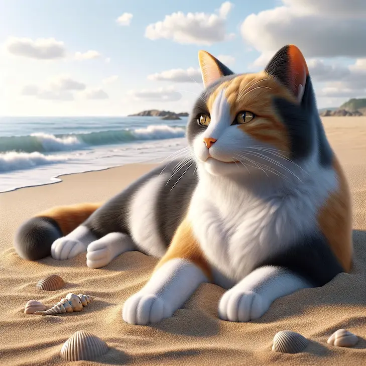 DALL·Eで生成した猫の画像。プロンプトは「砂浜でくつろぐ三毛猫の写真を生成してください」