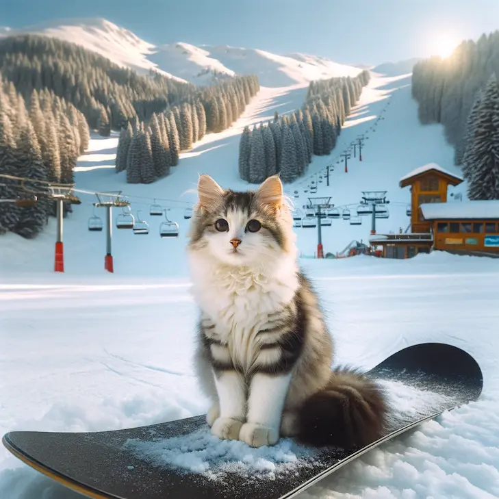 DALL·Eで生成した猫の画像。プロンプトは「スキー場でスノーボードの上に座っている猫の写真を生成してください」