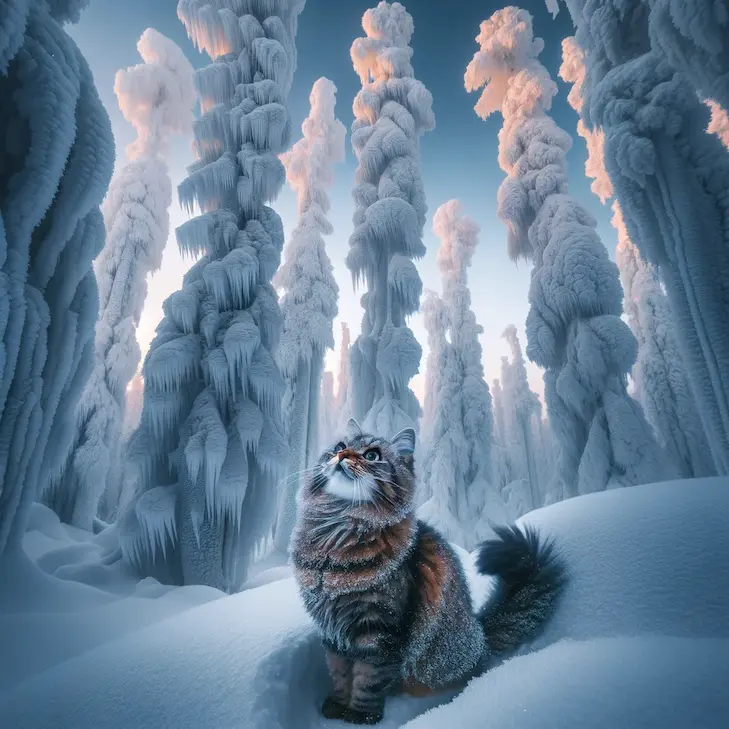 DALL·Eで生成した猫の画像。プロンプトは「樹氷の中でたたずむ猫の写真を生成してください」