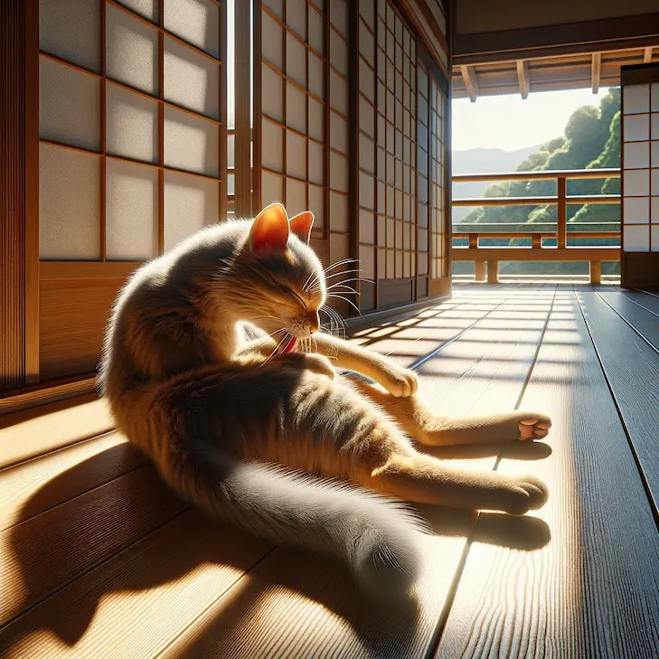 DALL·Eで生成した猫の画像。プロンプトは「自分のお腹を毛づくろいする日本猫の写真を生成してください」