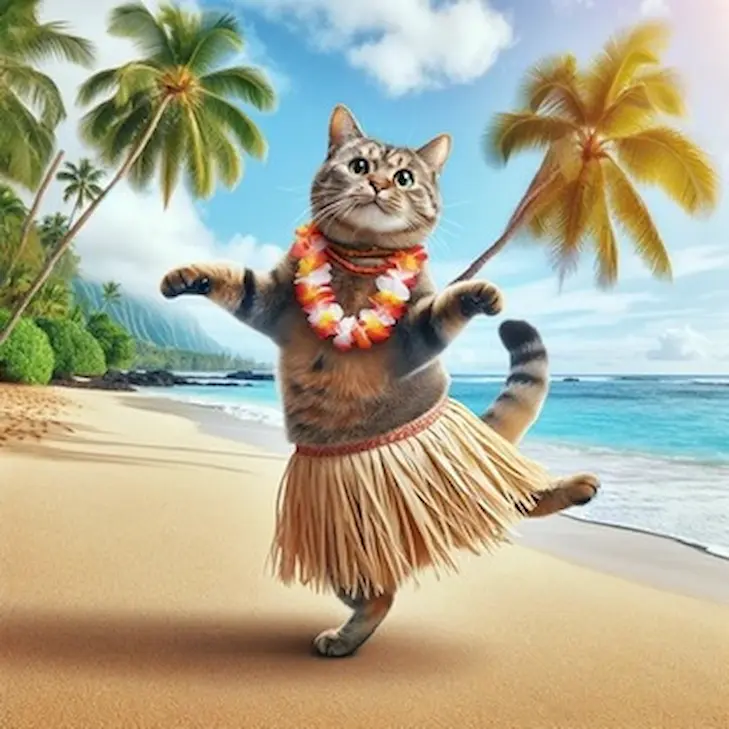 DALL·Eで生成した猫の画像。プロンプトは「ハワイのビーチでフラを踊る猫の写真を生成してください」