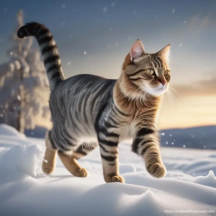 Stable Diffusionで生成した猫の画像。プロンプトは「雪原で遊ぶ猫の写真を生成してください」