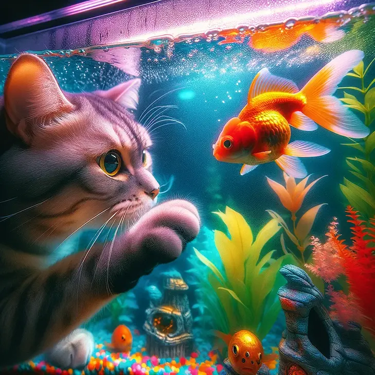 DALL·Eで生成した猫の画像。プロンプトは「金魚鉢の中の金魚を触ろうとする猫の写真を生成してください」