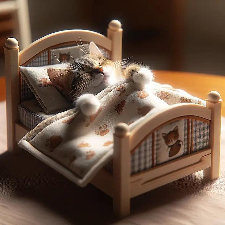 DALL·Eで生成した猫の画像。プロンプトは「猫用ミニチュアベッドの中で布団をかけて仰向けに眠る子猫の写真を生成してください」