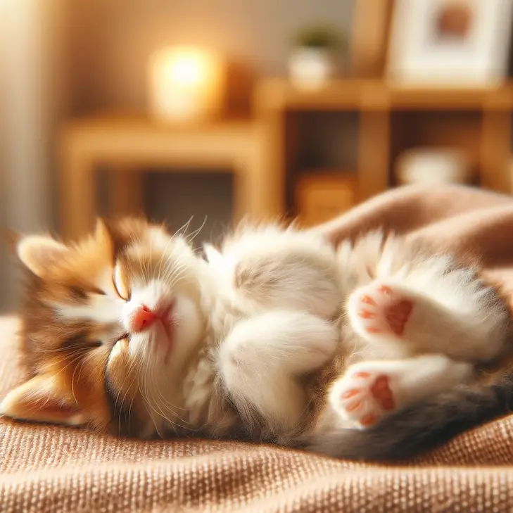 DALL·Eで生成した猫の画像。プロンプトは「へそ天で気持ち良さそうに眠る子猫の写真を生成してください」