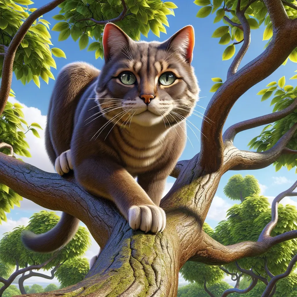 プロンプトは「木登りして木の上から遠くを見つめる猫の写真を生成してください」by DALL-E