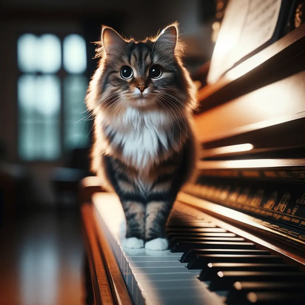 プロンプトは「ピアノの鍵盤の上で佇む猫の写真を生成してください」by DALL-E