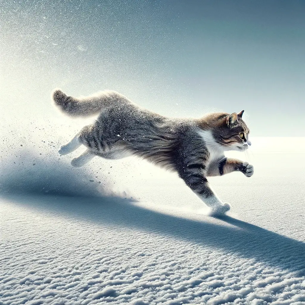プロンプトは「雪原を全力で走る猫の写真を生成してください」by DALL-E