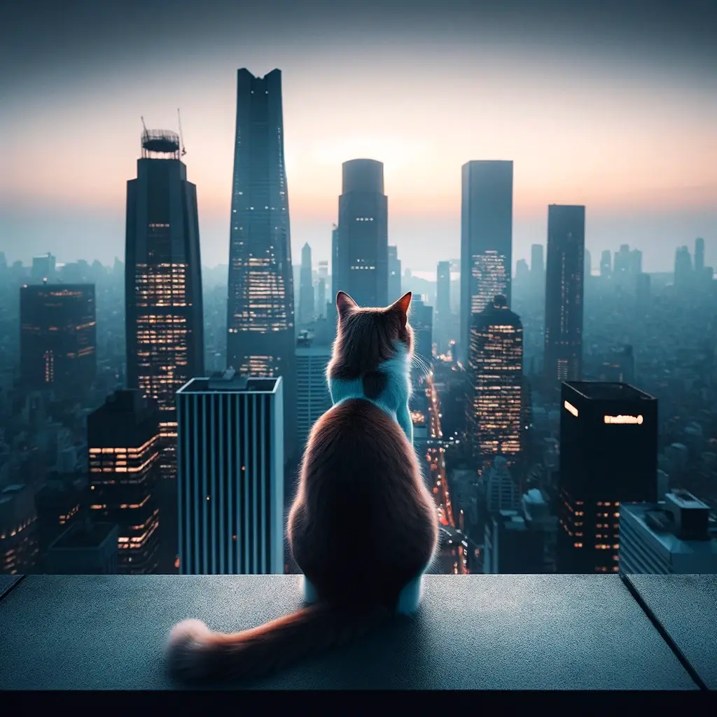 プロンプトは「都会のビルの屋上で夜景を眺める猫の写真を生成してください」by DALL-E