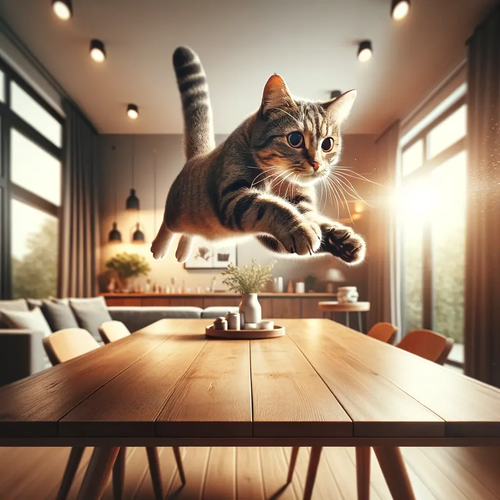 プロンプトは「テーブルに飛び乗る瞬間の猫の写真を生成してください」by DALL-E
