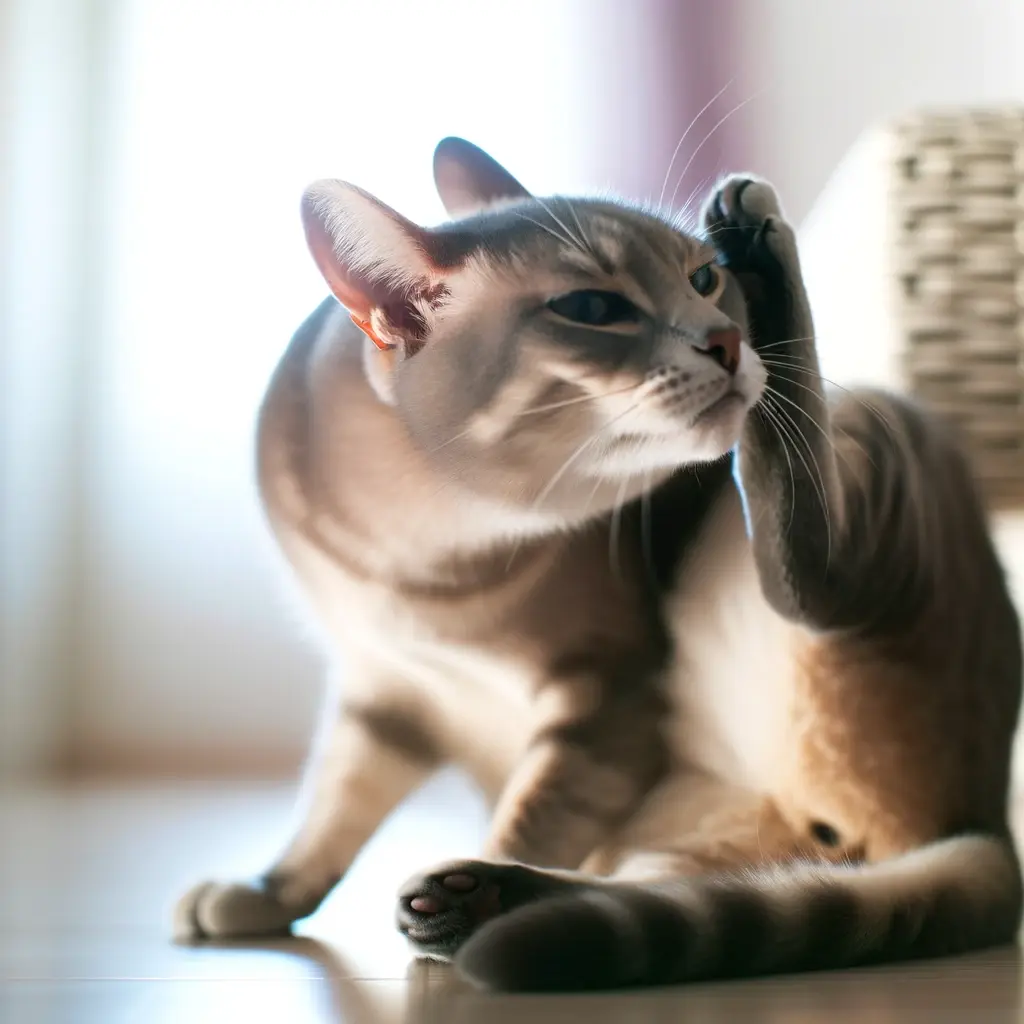 プロンプトは「片足を上げながら毛繕いをする猫の写真を生成してください」by DALL-E