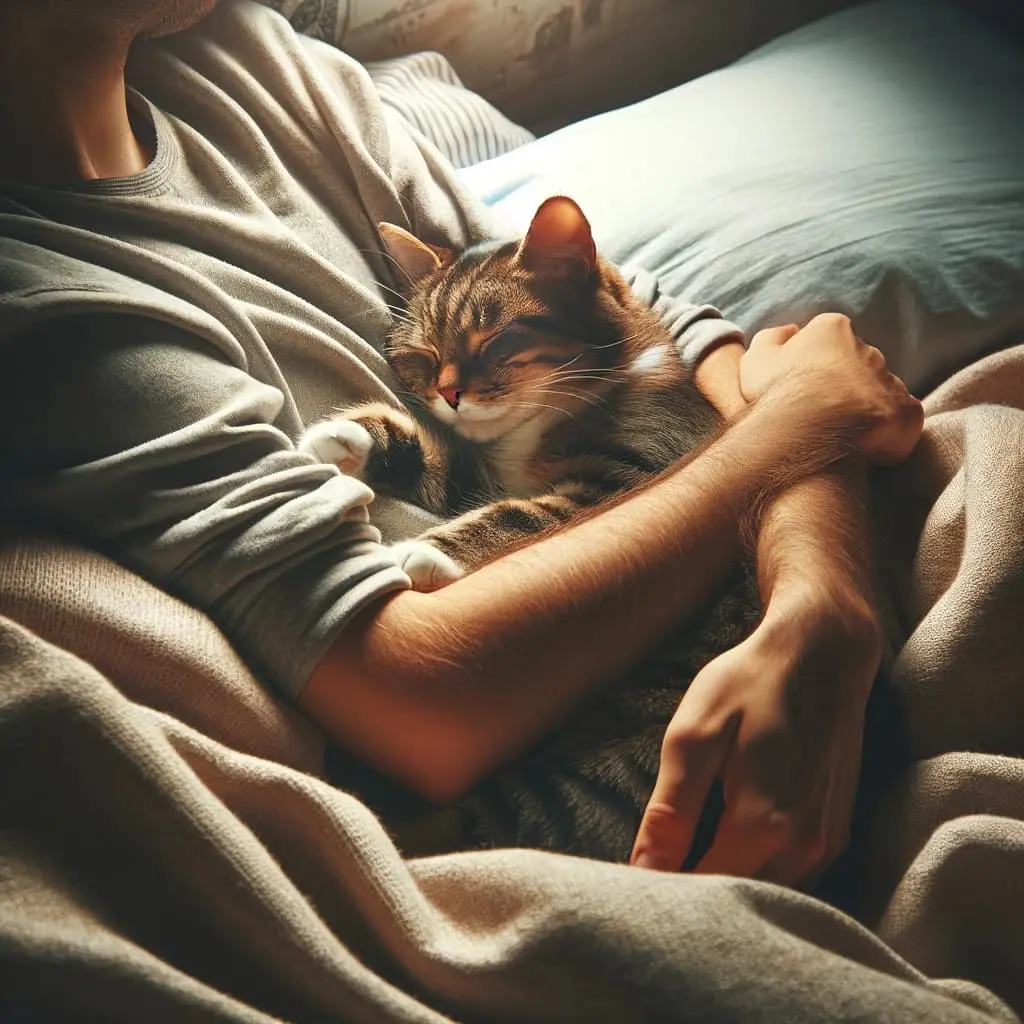 プロンプトは「飼い主の腕枕で気持ち良さそうに眠る猫の写真を生成してください」by DALL-E