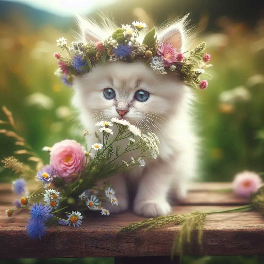 プロンプトは「花冠をつけた子猫の写真を生成してください」by Copilot