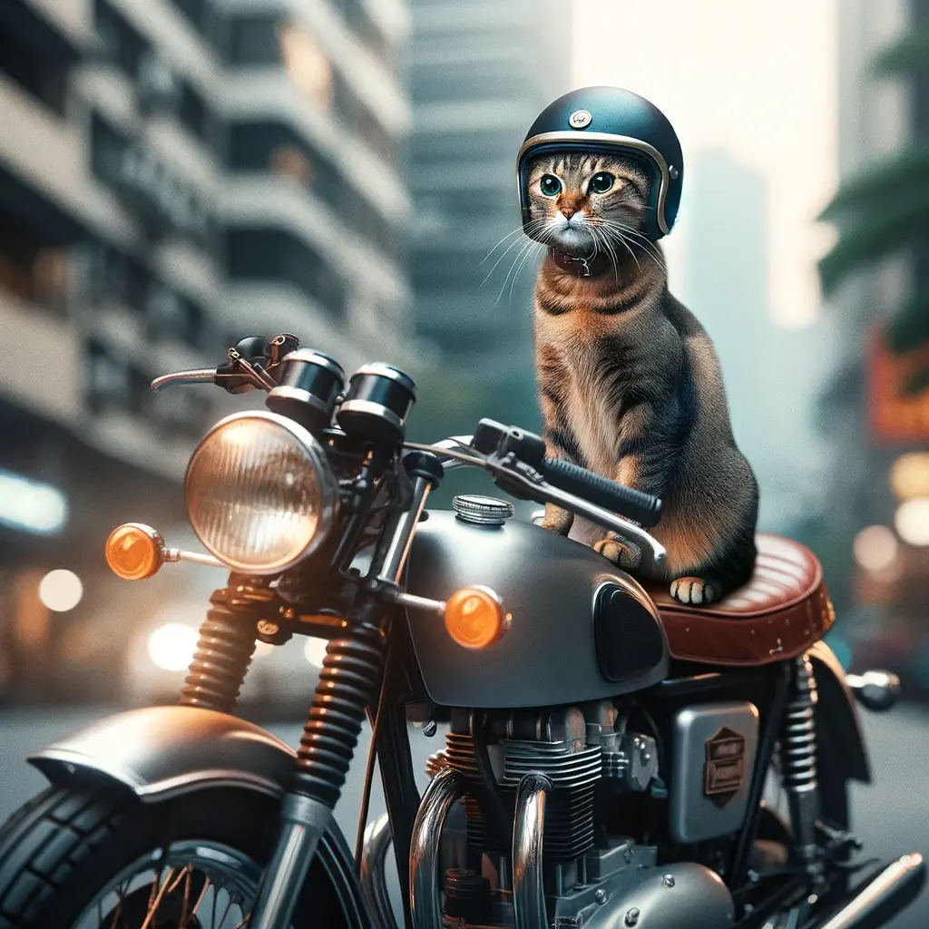 プロンプトは「バイクにまたがる猫の写真を生成してください」by DALL-E