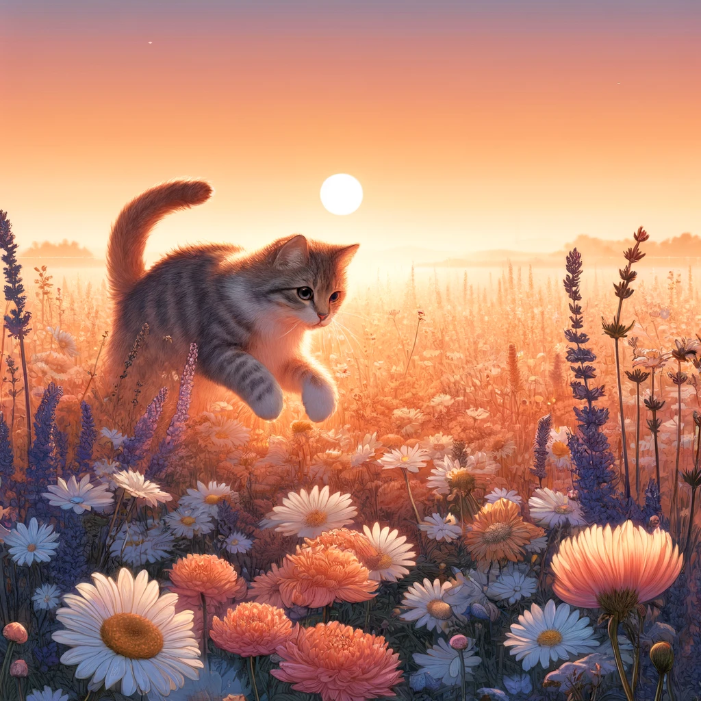お花畑で遊ぶ子猫の画像