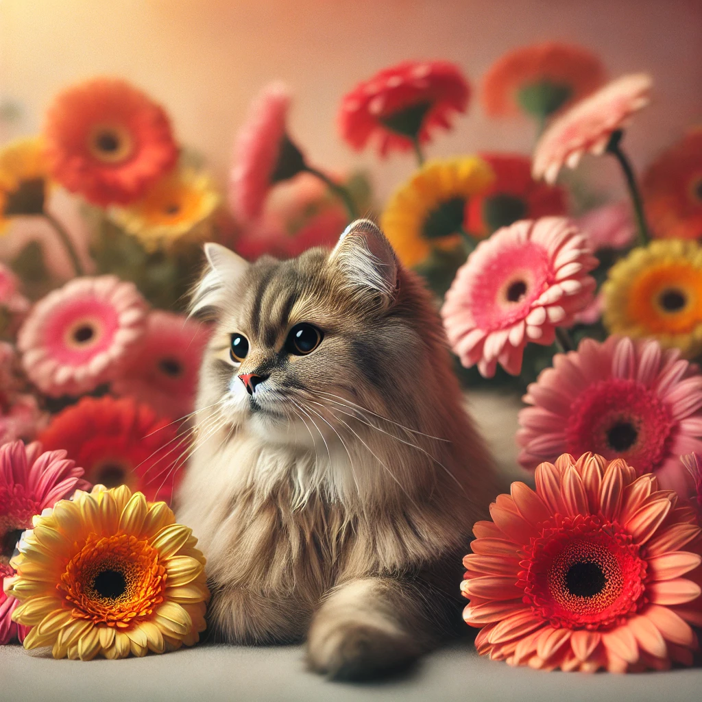 プロンプトは「ガーベラに囲まれた猫の写真を生成してください」by DALL-E