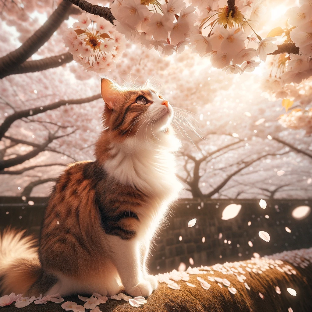 プロンプトは「桜を見上げる猫の写真を生成してください」by DALL-E