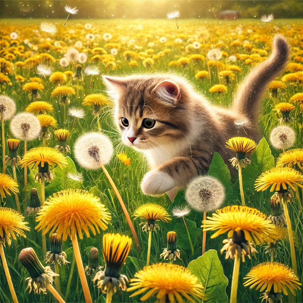 プロンプトは「たんぽぽ畑で遊ぶ猫の写真を生成してください」by DALL-E