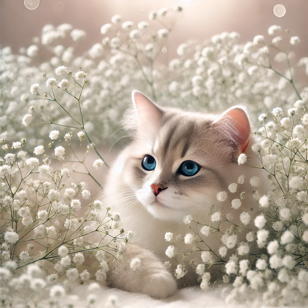 プロンプトは「かすみ草に囲まれた猫の写真を生成してください」by DALL-E