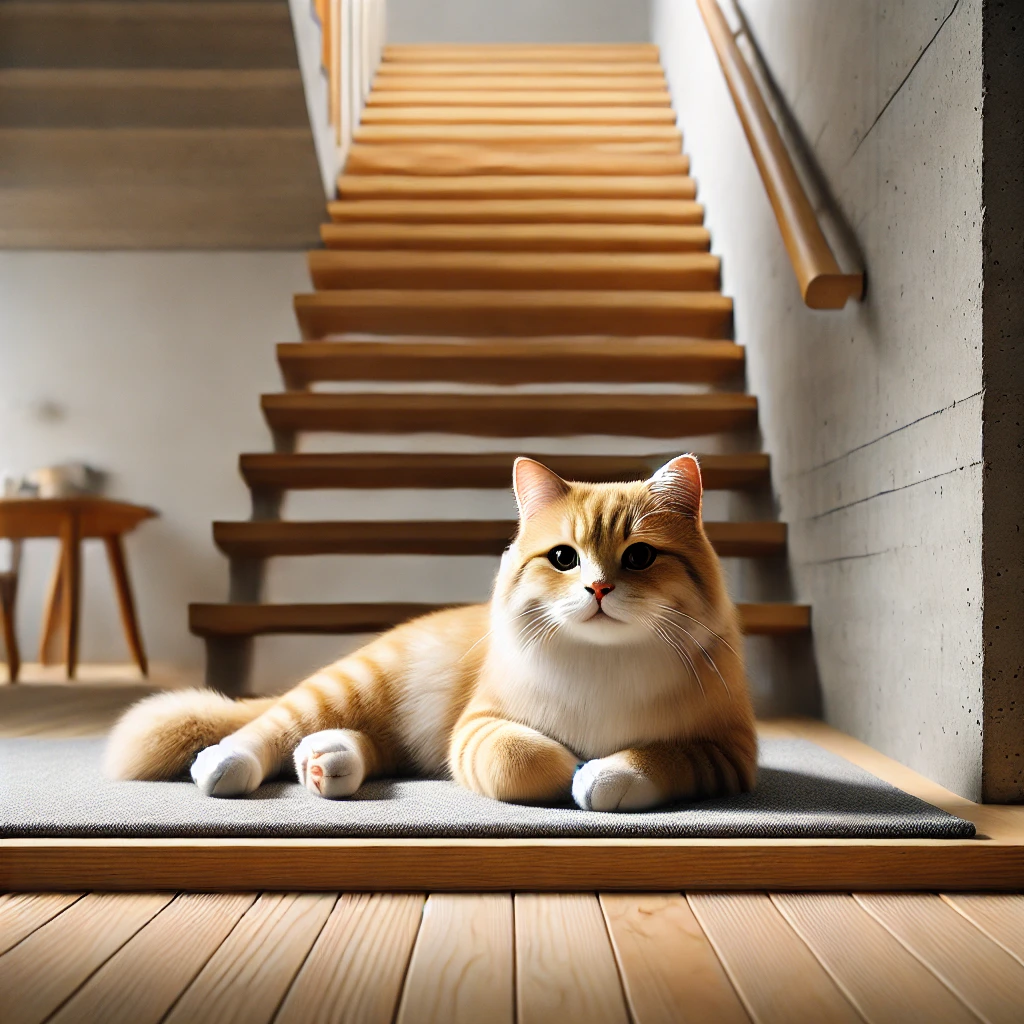 プロンプトは「階段の踊り場でくつろぐ猫の写真を生成してください」by ChatGPT