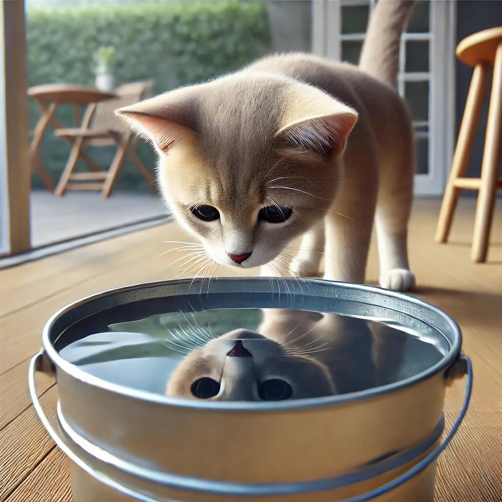 プロンプトは「バケツに入った水を不思議そうに眺める猫の写真を生成してください」by ChatGPT