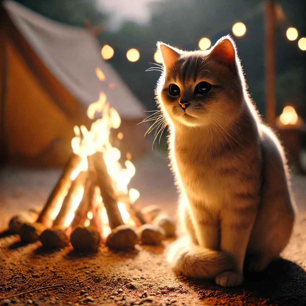 プロンプトは「焚き火を楽しむ猫の写真を生成してください」by DALL-E