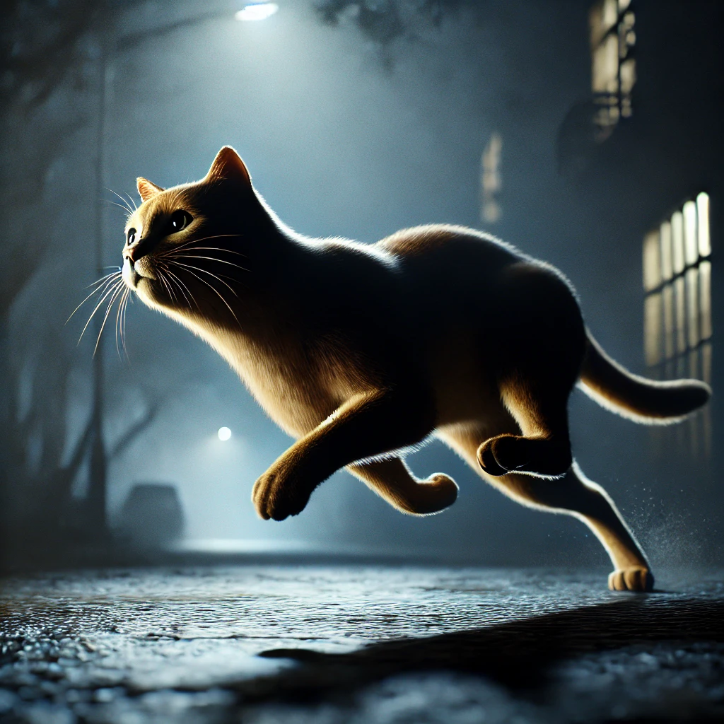 プロンプトは「夜の街を疾走する猫の写真を生成してください」by DALL-E