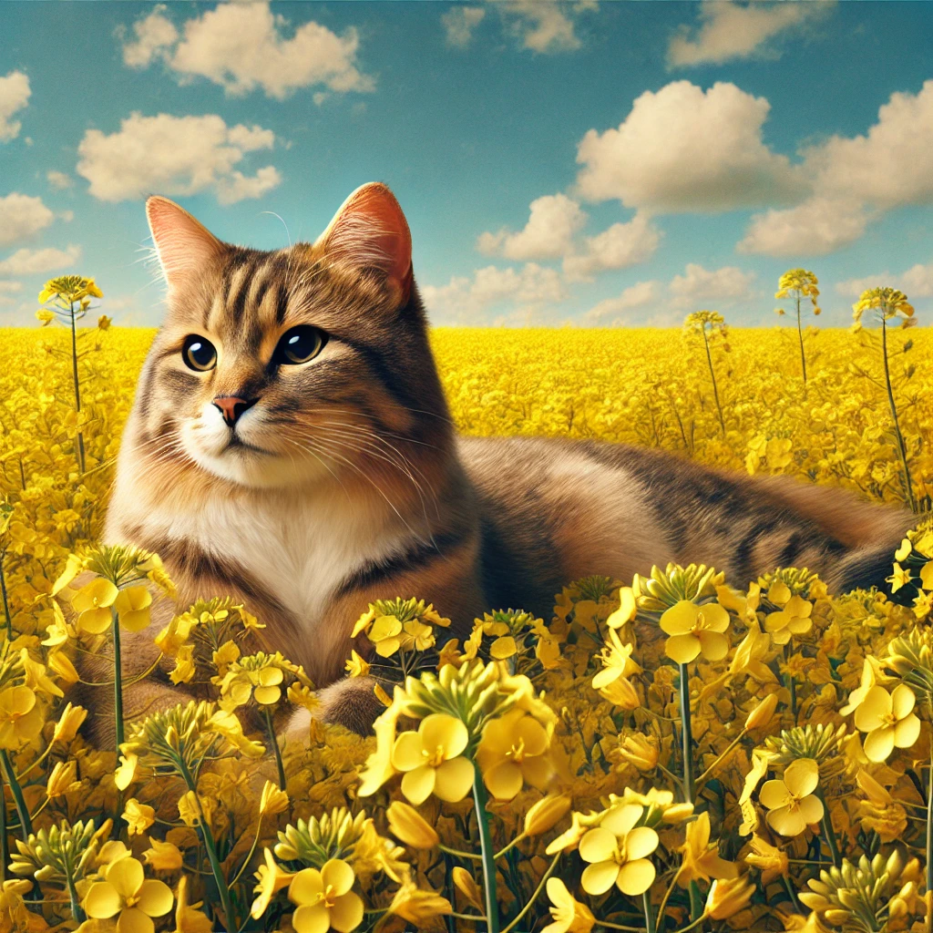 プロンプトは「菜の花畑でくつろぐ猫の写真を生成してください」by DALL-E