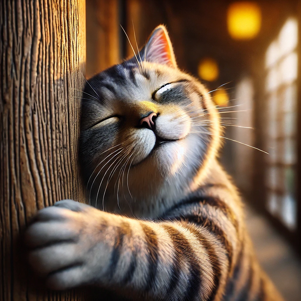 プロンプトは「柱に頭を擦り付けて気持ち良さそうな表情をする猫の写真を生成してください」by DALL-E