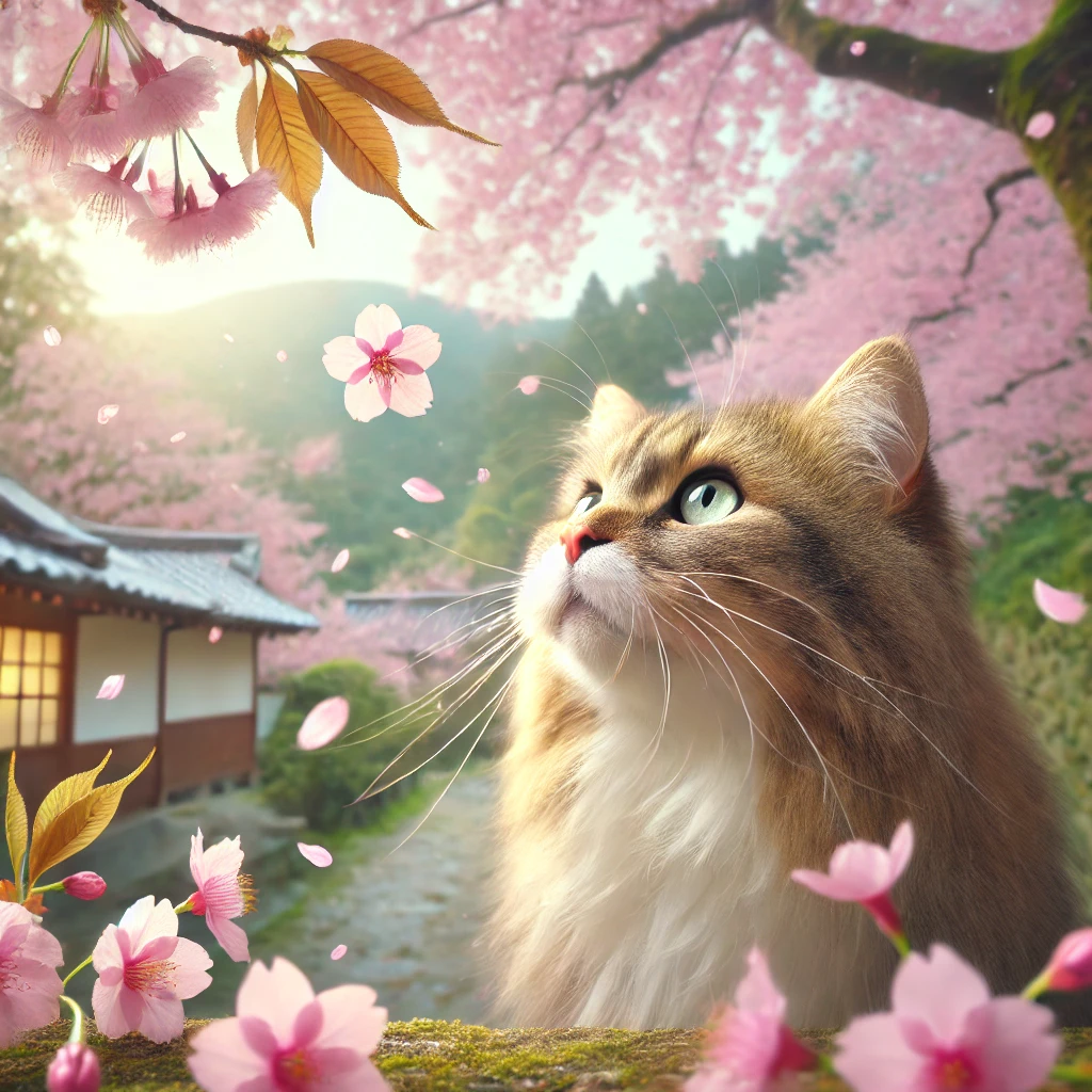 プロンプトは「桜を見上げる猫の写真を生成してください」by DALL-E