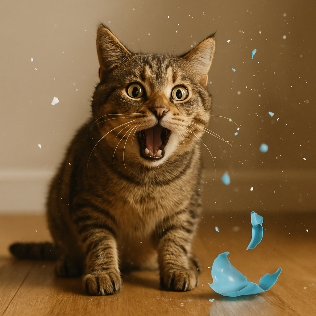 プロンプトは「目の前で風船が割れて驚く猫の写真を生成してください」by ChatGPT
