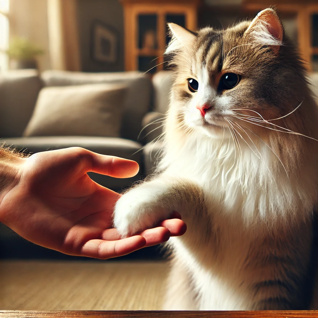プロンプトは「飼い主と握手する猫の写真を生成してください」by ChatGPT