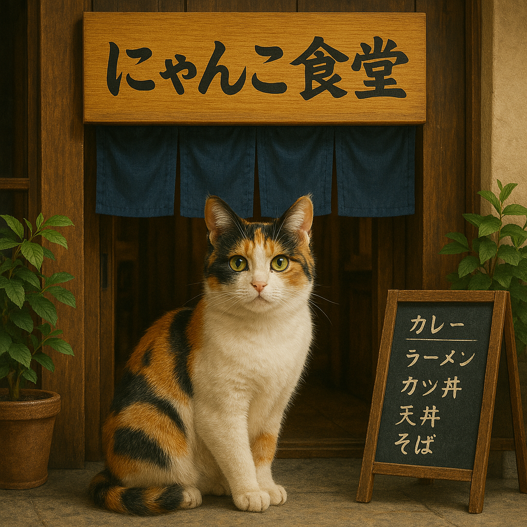 プロンプトは「にゃんこ食堂の前でポーズをとる猫の写真を生成してください」by ChatGPT
