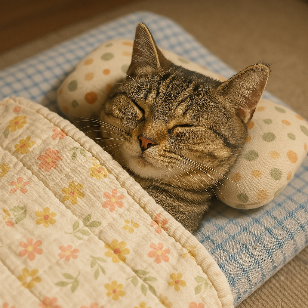プロンプトは「猫用の布団で眠る猫の写真を生成してください」by ChatGPT