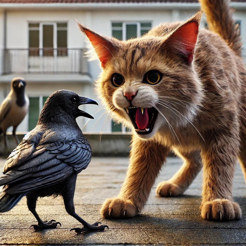 プロンプトは「カラスを威嚇するように鳴く猫の写真を生成してください」by DALL-E