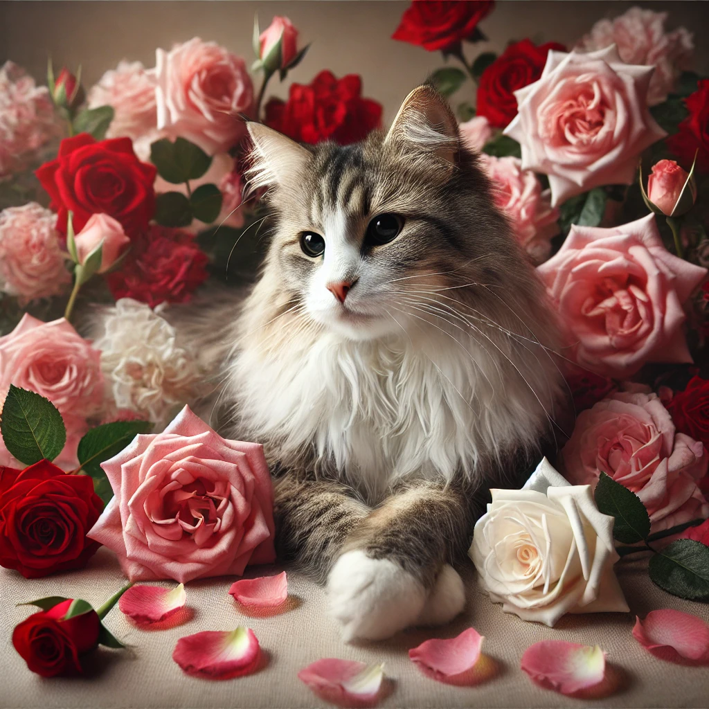 プロンプトは「バラに顔まれた猫の写真を生成してください」by DALL·E