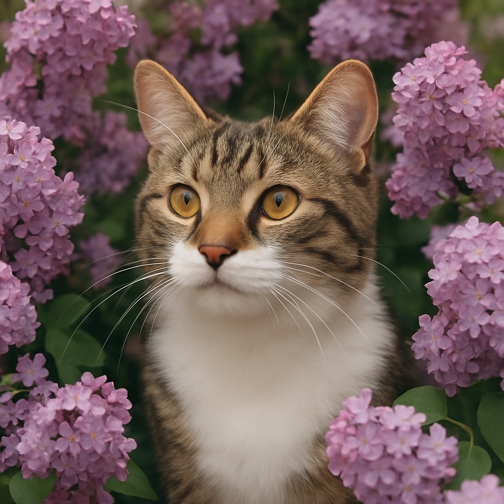 プロンプトは「ライラックに囲まれた猫の写真を生成してください」by ChatGPT